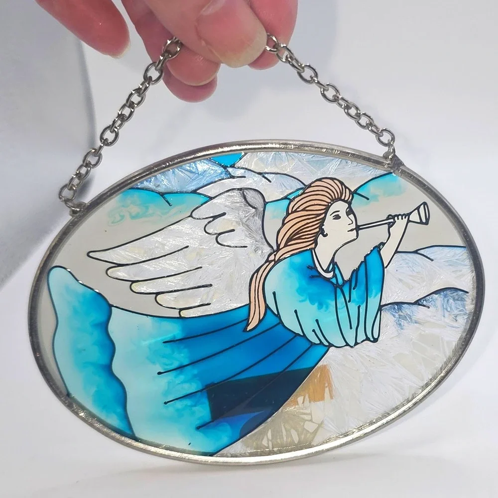 Amia Handpainted Glass Suncatcher Angel with Trumpet Blue Teal Oval Hanging Art